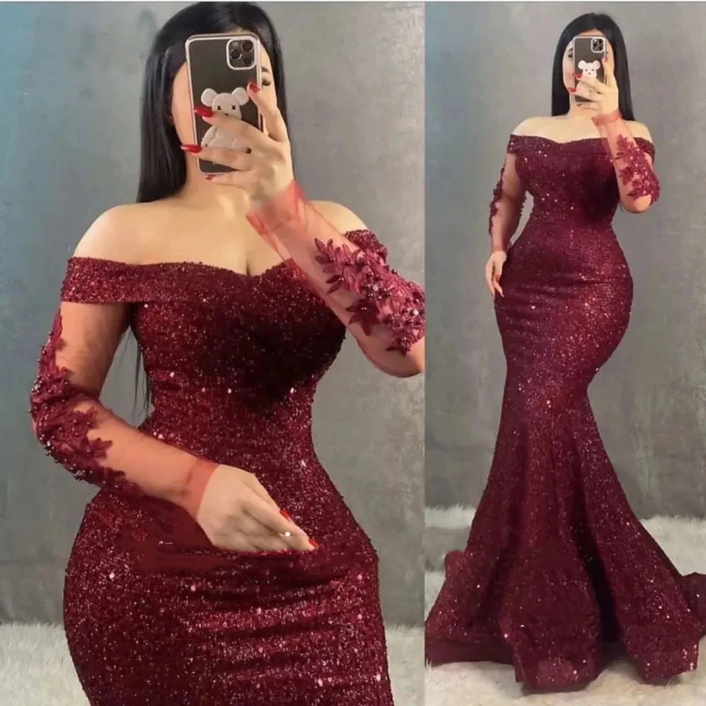 

Glitter Burgundy Mermaid Evening Dresses Off the Shoulder Long Sleeves 2023 New In Lace Women Formal Prom Gowns Met Gala Plus