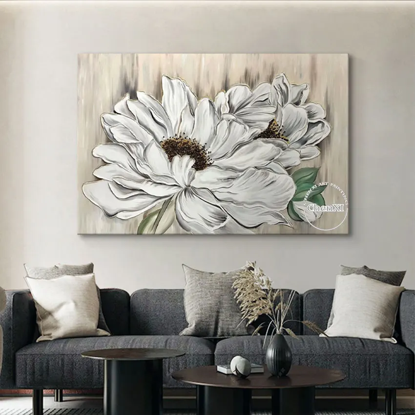 

Large White Peony Flower Canvas Picture Hand-painted Floral Oil Painting Living Room Wall Decor Modern Murals Poster Artwork