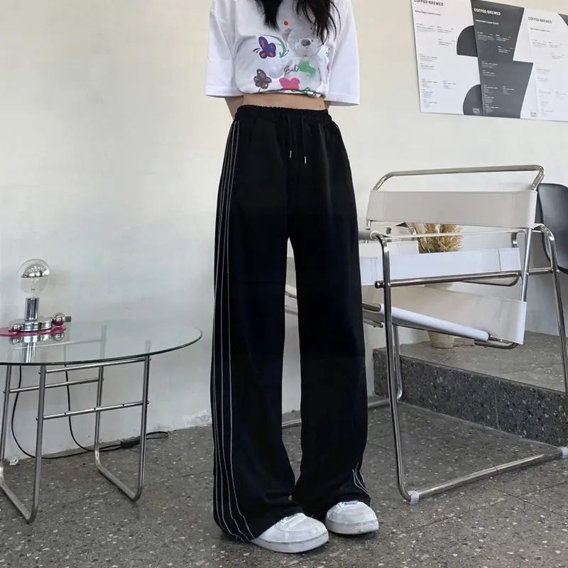 

Deeptown Black Side Striped Casual Sweatpants Women Korean Fashion Wide Leg Harajuku Joggers Pants Autumn Females Streetwear New