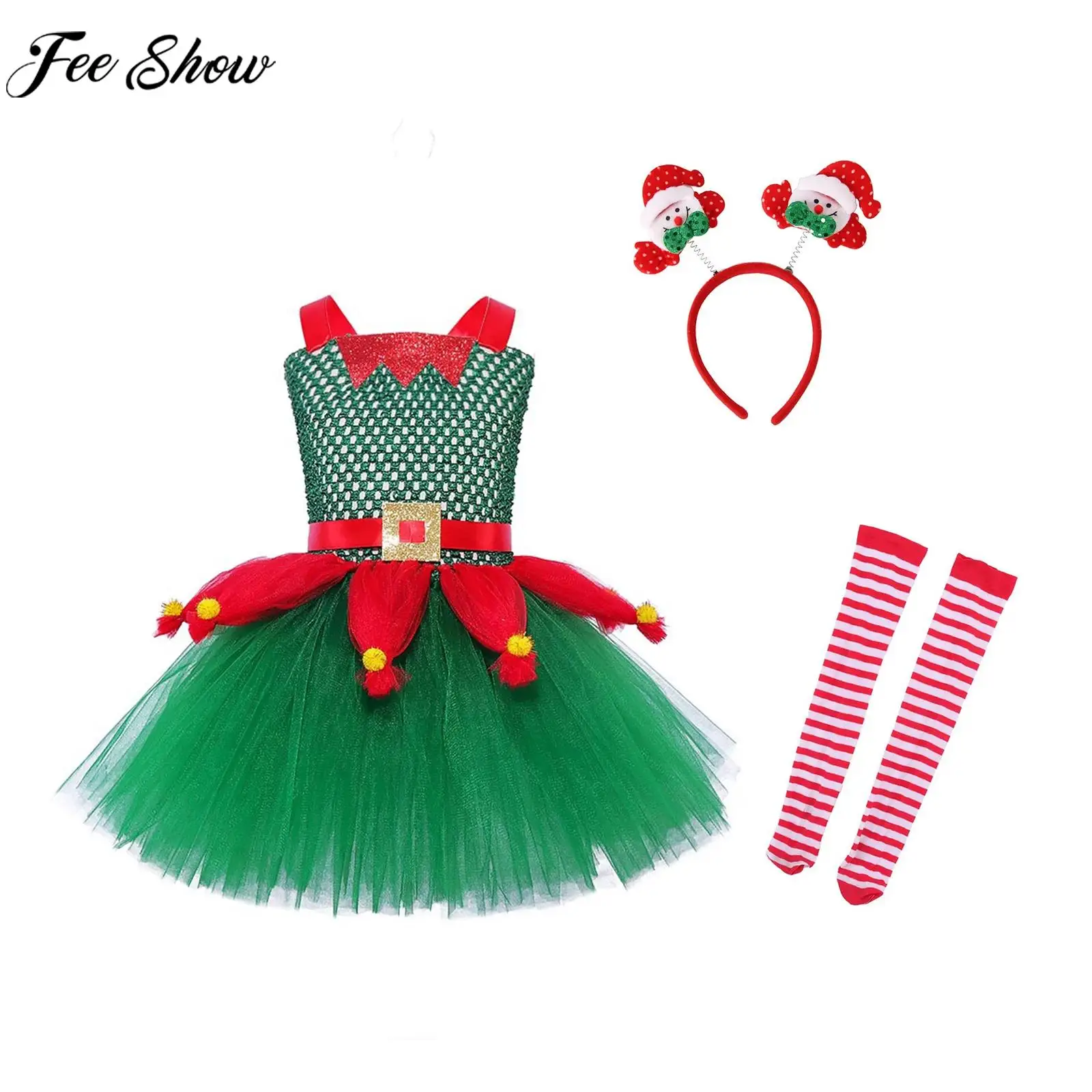 

Children Girl Christmas New Year Party Dress Xmas Elf Fairy Cosplay Costume Sleeveless Tutu with Stockings Santa Claus Hair Hoop