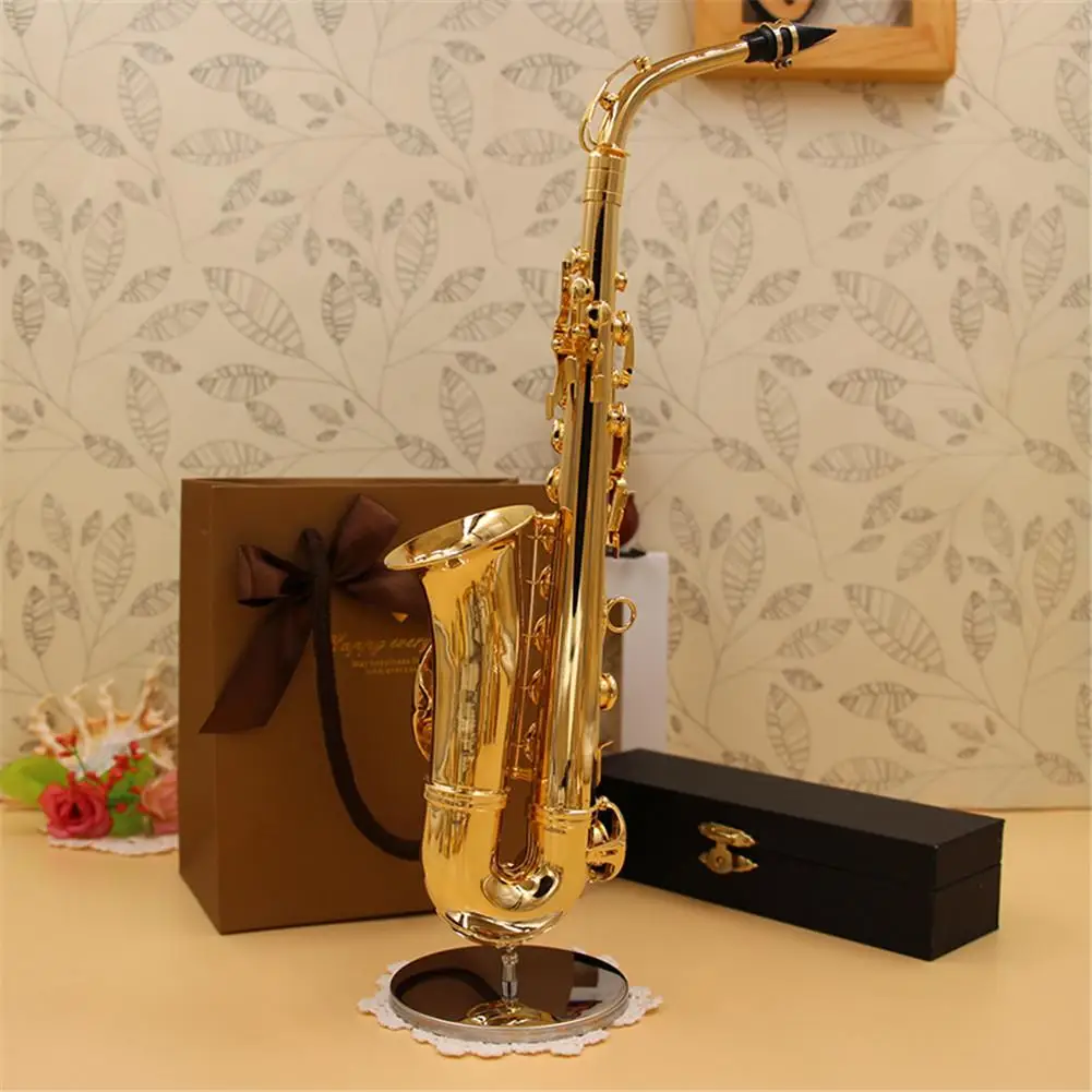 Mini Saxophone Model Musical Instrument Copper Brooch Miniature Desk Decor Display With Box + Bracket