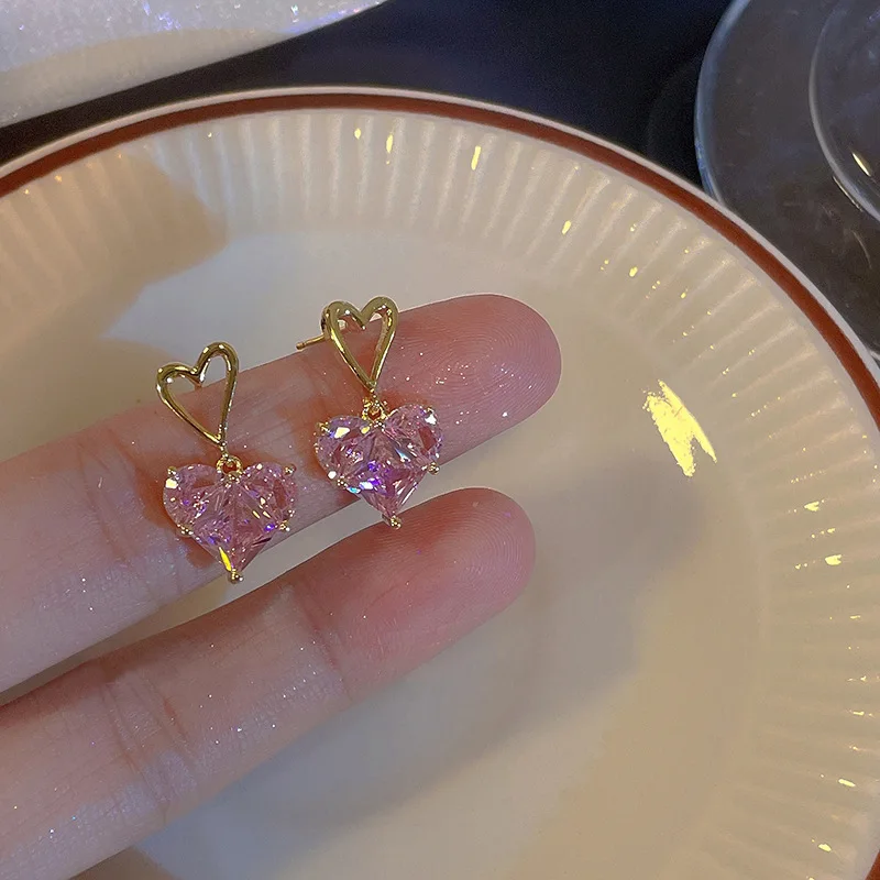 Jewelry Sets Women Earrings Chain Necklace 3pcs Y2k Heart-shaped Zircon Pendant Earrings Necklaces Set