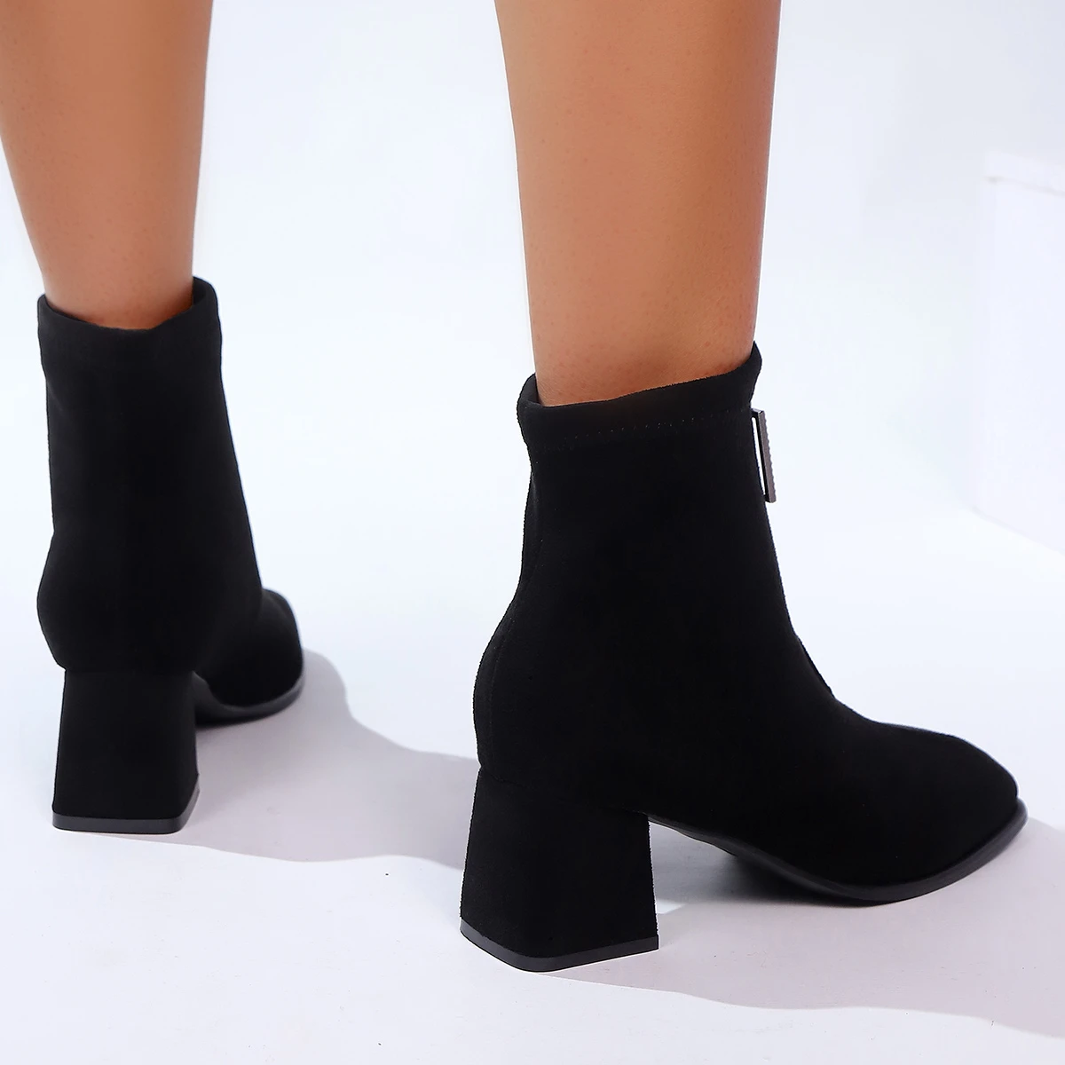 Aphixta Crystal Buckle Zipper Ankle Boots Women Big Size 43 Cow Suede Black Round Toe Heels Shoes 6cm High Heel Ankle Boot Woman