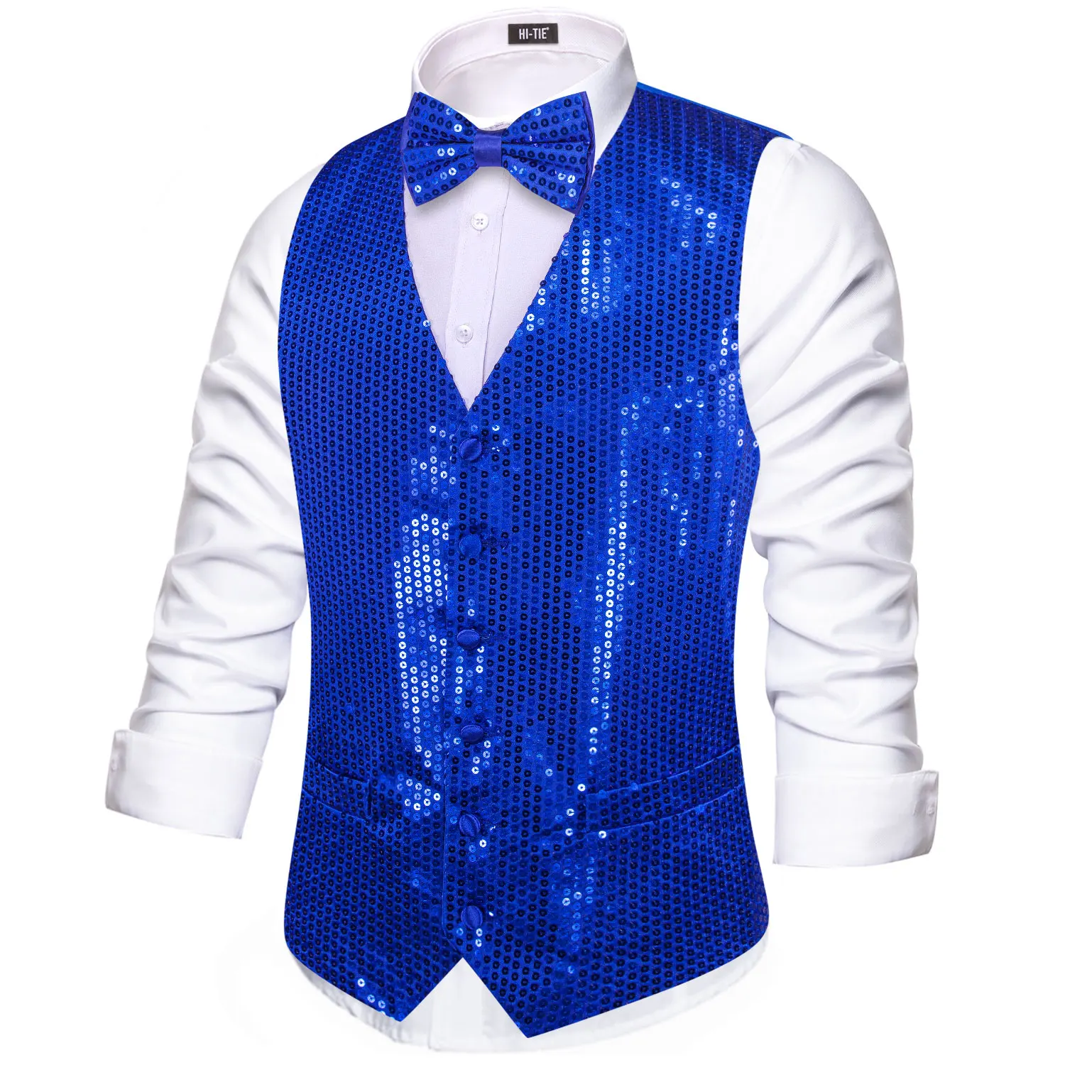 Hi-Tie Royal Blue Sequin Jacquard Collar Suit Vest Slim Fit Waistcoat for Wedding Groomsmen V-Neck Tuxedo Sleeveless Jacket 2
