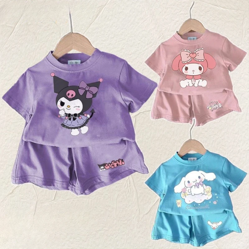 Sanrio Kuromi Kids Cinnamoroll Cartoon T-shirt Top with Shorts Set Cute My Melody Girls Boys Summer Short Sleeved 2pcs Outfits 2