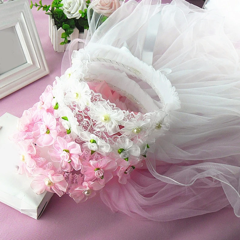 Flower Girls Veil Headpieces with Pleated Flower Crown Wedding Ring Bearer Veil Long Tulle Bride Wedding Party Supplies