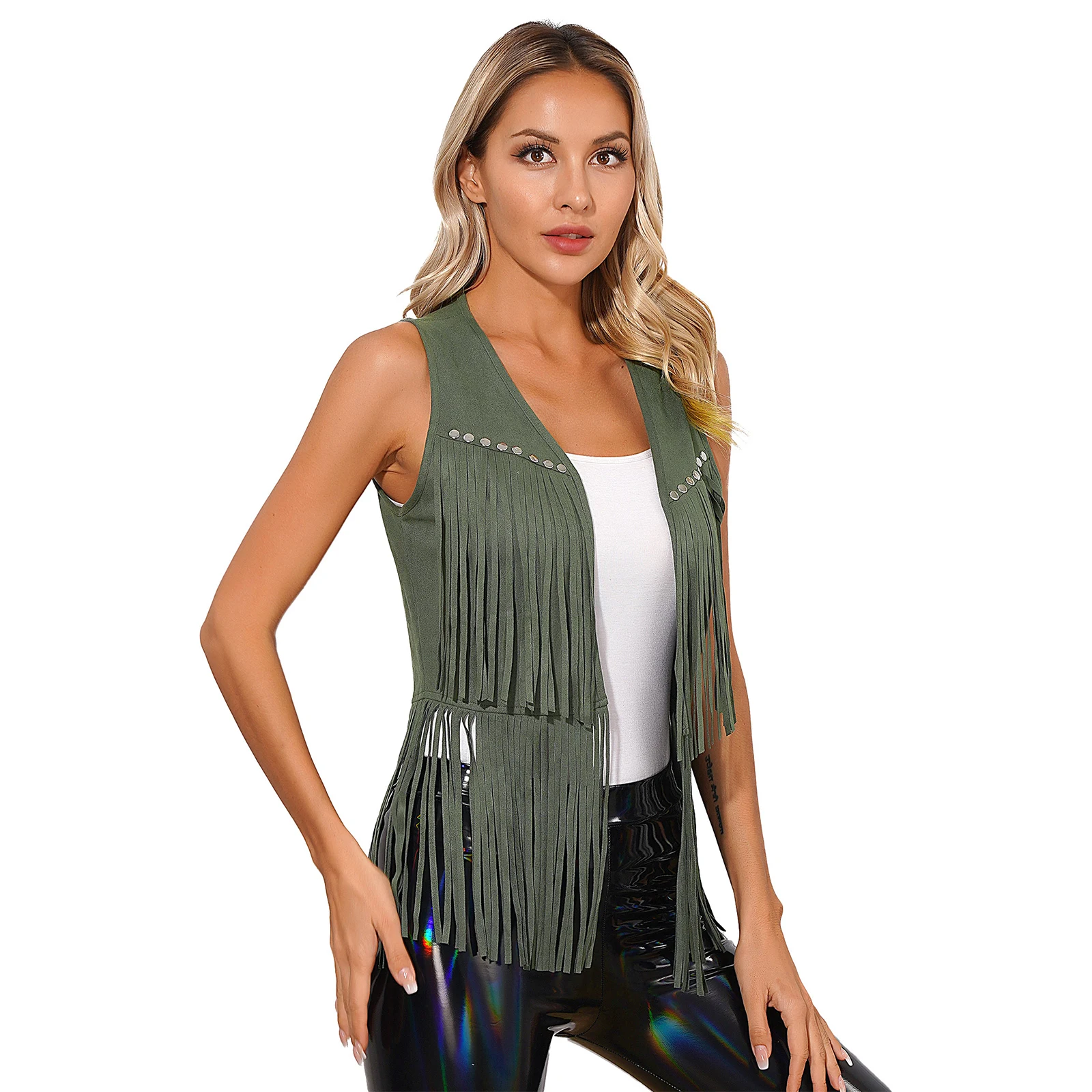 Womens Cowgirl Waistcoat Tops Vintage Faux Suede Tassel Vest Fashion Rivets Fringe Waistcoat