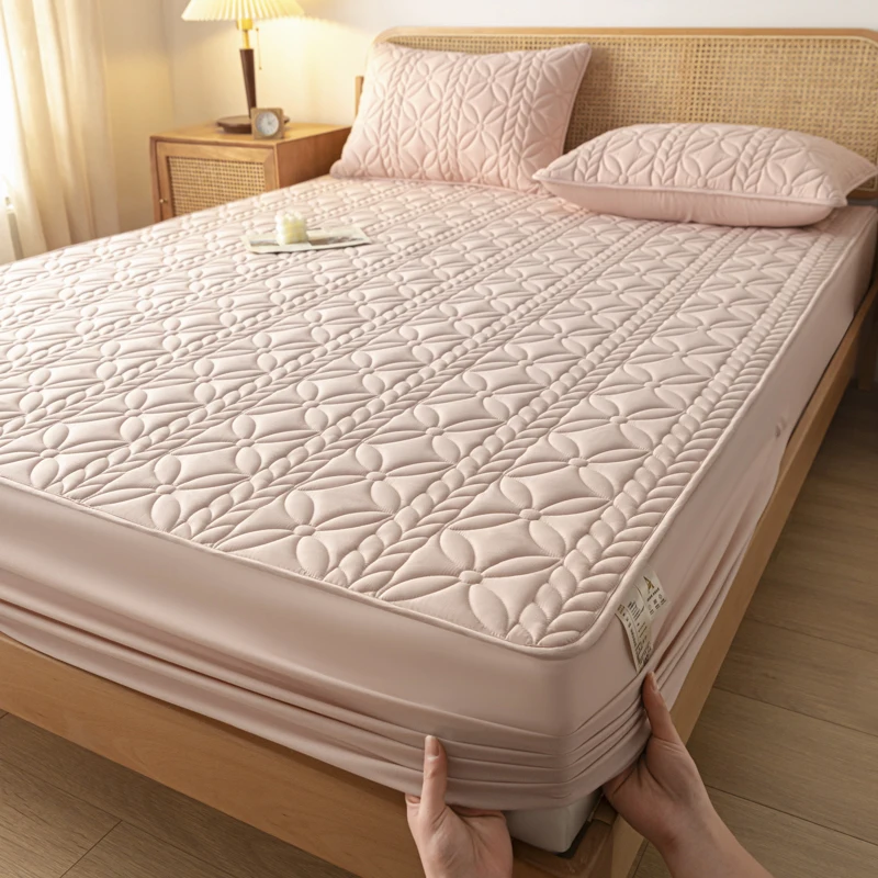 100% Waterproof Fitted Sheet Solid Color Cotton Quilted Embossed Mattress Protector Style Cover for Mattress Soft Pad for Bed 2