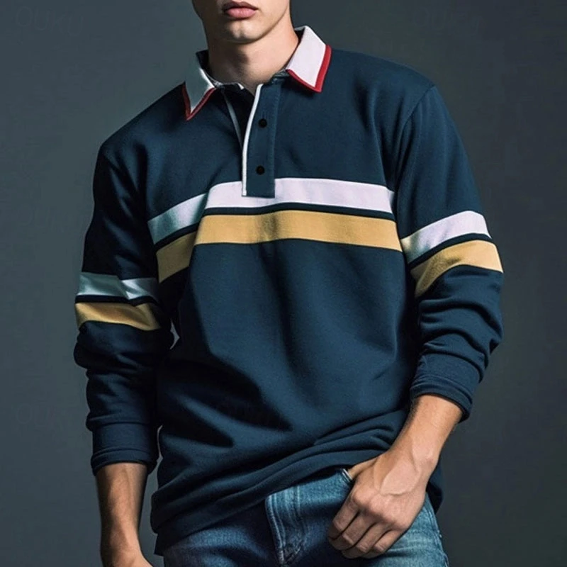 Polo grafiche a righe casual da uomo Semplice autunno Business Polo da golf a maniche lunghe stampata in 3D T-shirt con risvolto larghe e traspiranti