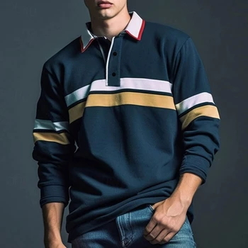 Polo grafiche a righe casual da uomo Semplice autunno Business Polo da golf a maniche lunghe stampata in 3D T-shirt con risvolto larghe e traspiranti