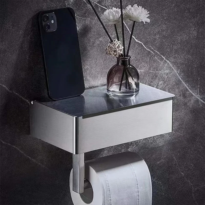

Silver Toilet Roll Holder Bathroom Paper Box Storage Holder Wall Mounted Tissue Paper Rack Wipes Dispenser Phone Storage Shelf