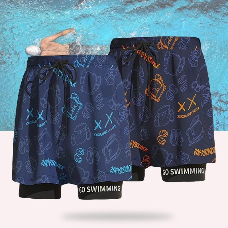 (EU2XS-XL)Mens Swim Trunks With Compression Liner Stretch Mens Swimwear 2 In 1 Quick Dry Running Gym Swim Shorts For Men