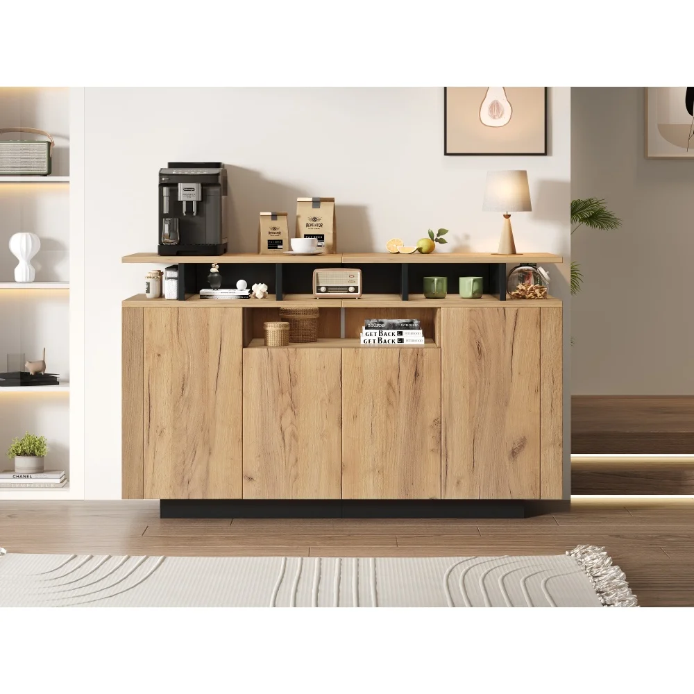 Natürliches Holz-Sideboard mit 4 Türen und 3 Offenen Regalen, Aufbewahrungsorganizer für Zuhause, Büro, Wohnzimmer und Flur – Detail 12