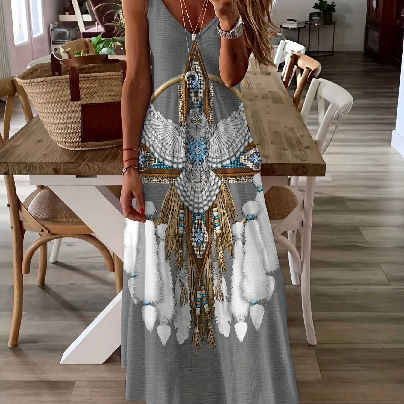 thumbnail image 1 of Vestido de verano para mujer, sencillo, con estampado geométrico, tirantes, informal, estilo playero, estilo balneario, holgado y cómodo, largo., 1 of 5
