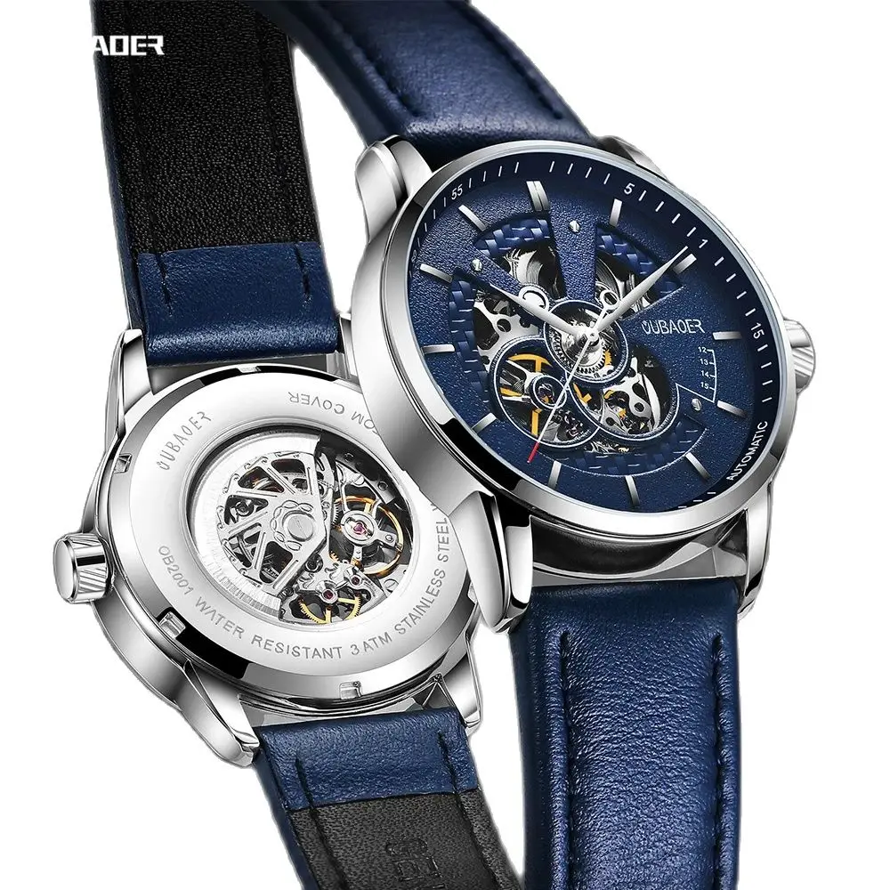 Mens Watches Mechanical Automatic Tourbillon Self Winding Blue Leather Sport skeleton Wristwatches mechanical watch