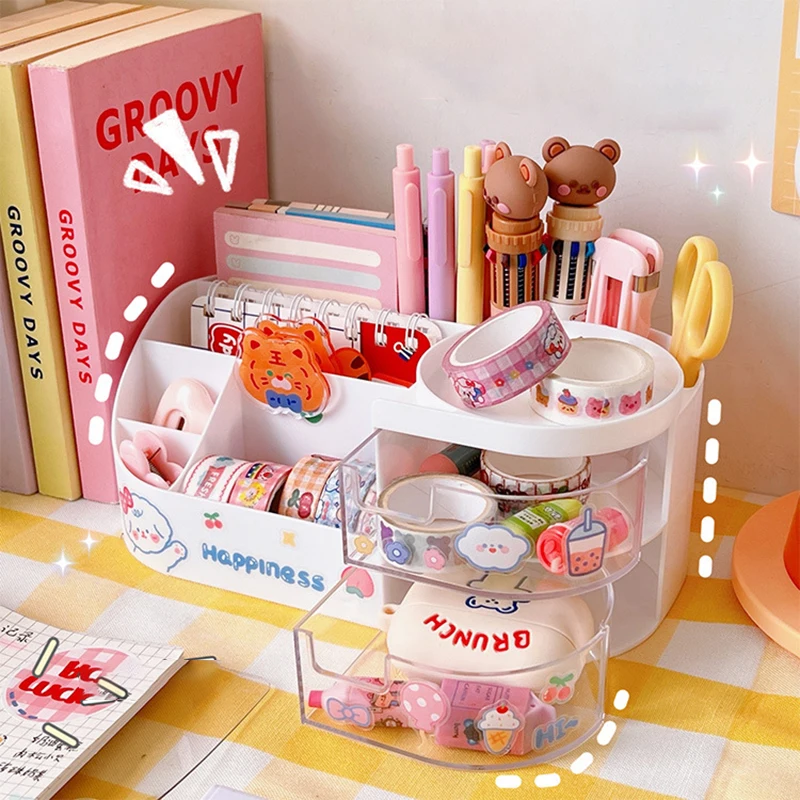 Desktop Pen Holder Cute Multi-functional Large-capacity Partition Drawer Student Desktop Kawaii Stationery Organizer Storage Box pen holder,stationery organizer,stationery storage box