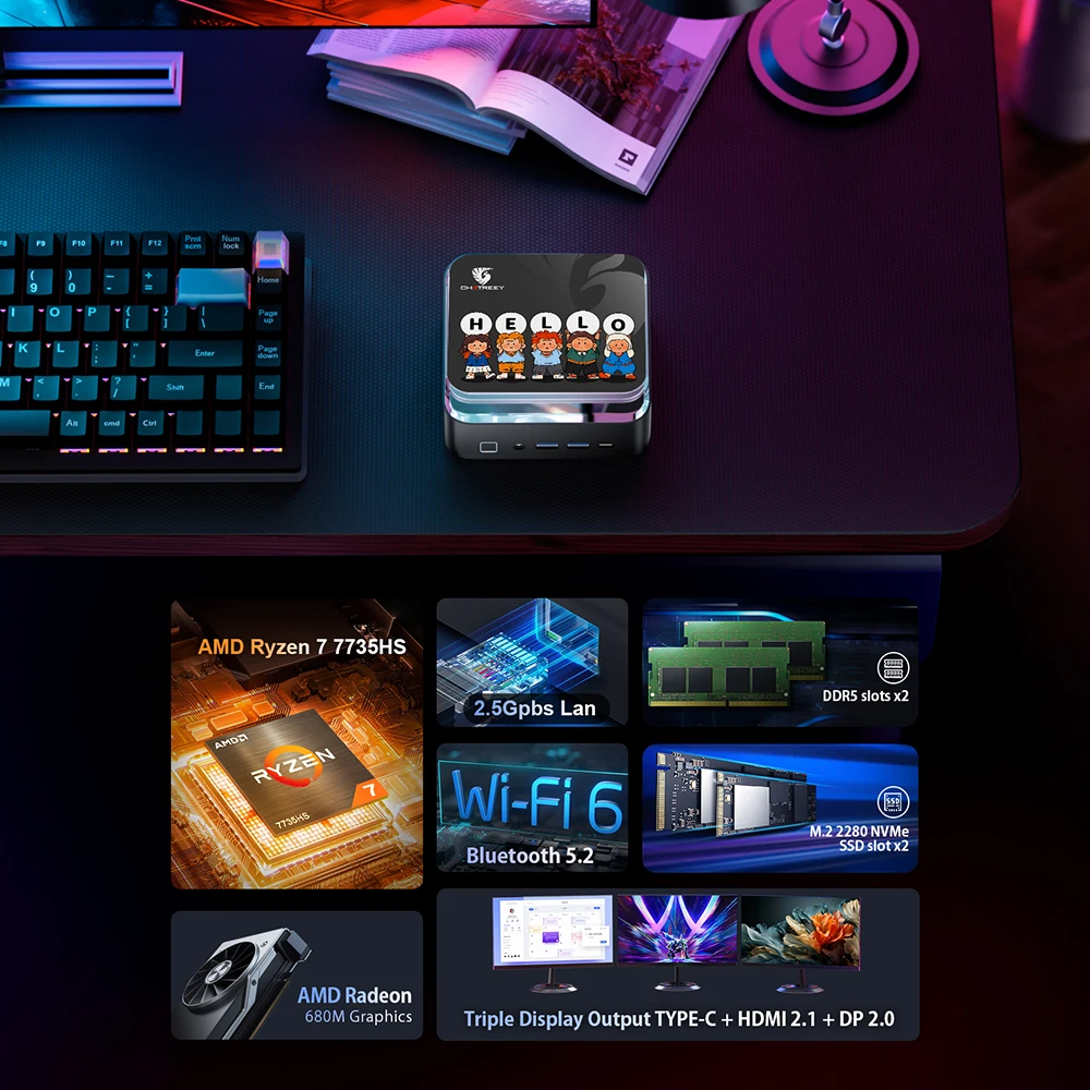 Chatreey AN3P Mini PC R7 7735HS 680M Gaming Desktop Computer with WiFi 6/Bluetooth 5.2/HDMI/DP/USB 3.2 3