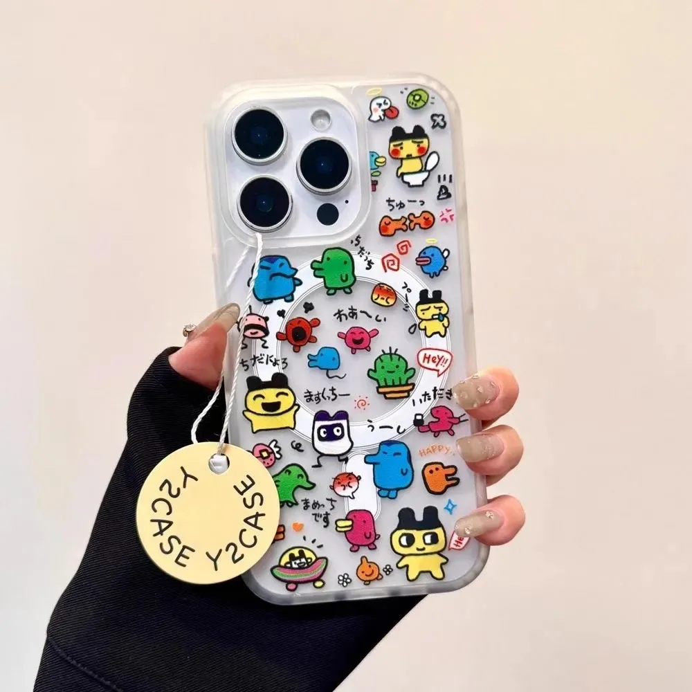 Magnetische süße Cartoon-Tamagotchis-Handyhülle für iPhone 17, 16, 15, 14, 13, 12, 11, 8, 7 Plus, Pro Max X XR XS Max, weiche, klare TPU-Abdeckung