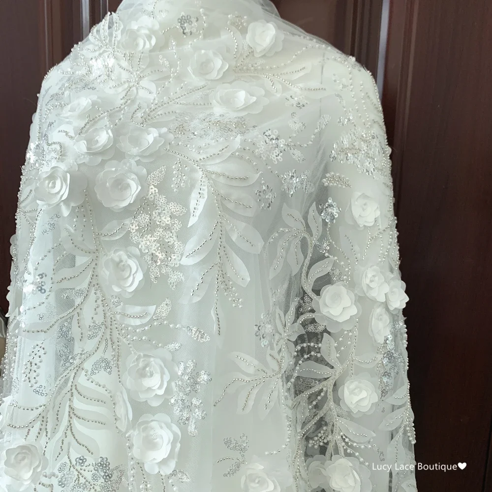 

130CM Wide 3D Florals Lace Fabric Off White Pearls Sequins Beading Lace for Gowns Luxury