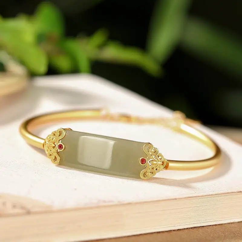 Designer original new ancient gold craftsmanship inlaid hollow pattern natural Hetian jade bracelet elegant charm ladies jewelry | Украшения