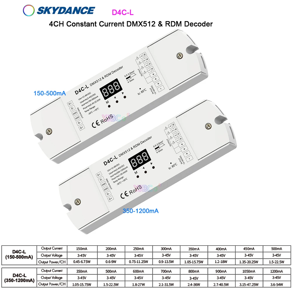 

Skydance 4 Channel Constant Current DMX 512 Decoder PWM 150-500mA/350-1200 12V-48V 24V 4CH RDM dimmer CC RGB/RGBW LED controller