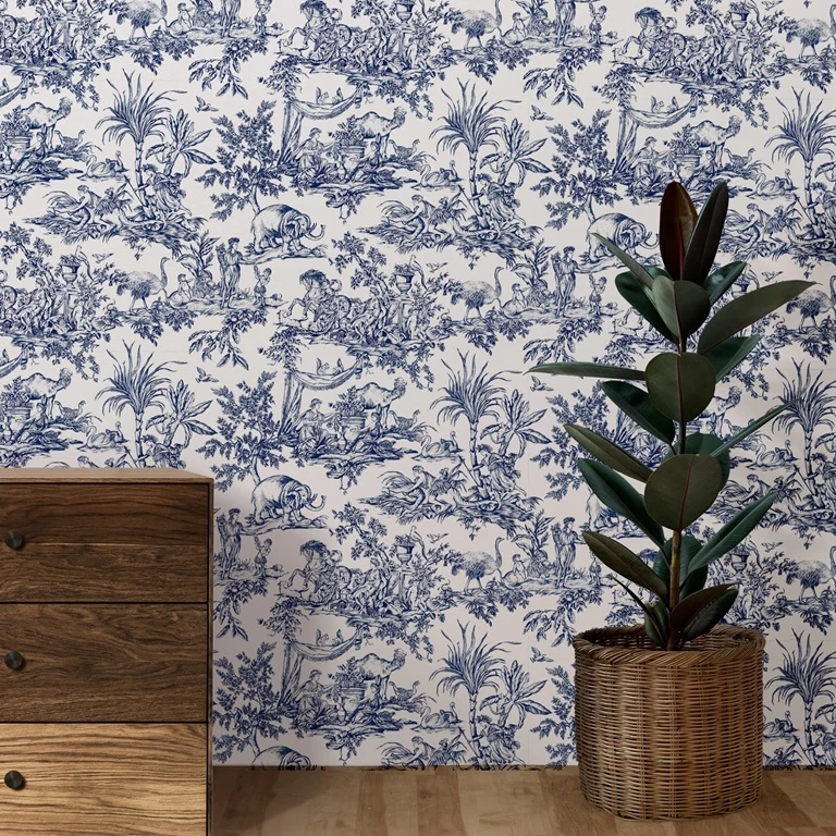 Description Picture 6 of itemToile Navy Wallpaper with ancient Warriors and elephant, Forest style engrave print wallpaper