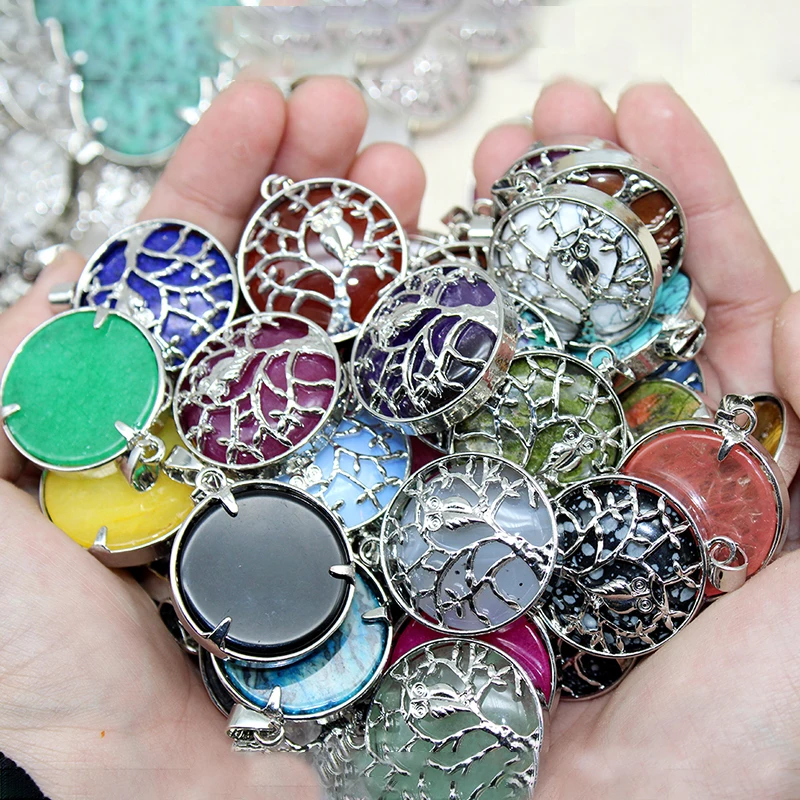 

Wholesale 12 Pcs Fashion Natural Stone Aventurine Crystal Alloy Tree of Life Necklace Mixed Pendant Making Jewelry Accessories