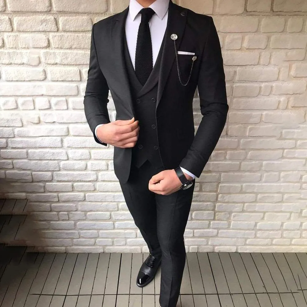 

Fashion Black Mens Suits Slim Fit Formal Business Blazer Wedding Groom Tuxedos 3 Piece Set Jacket Vest Pants Terno Masculino