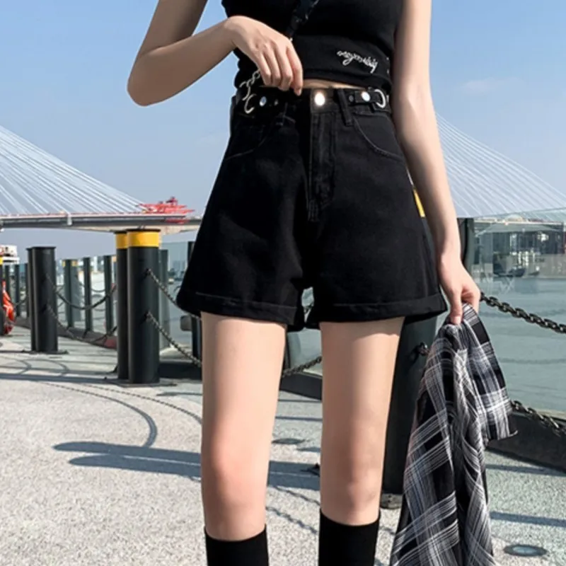 데님 여성용 하이웨이스트 와이드 레그 반바지, 조절 가능한 벨트와 밑단 달린 루즈한 여름 핫팬츠, 패션 브랜드