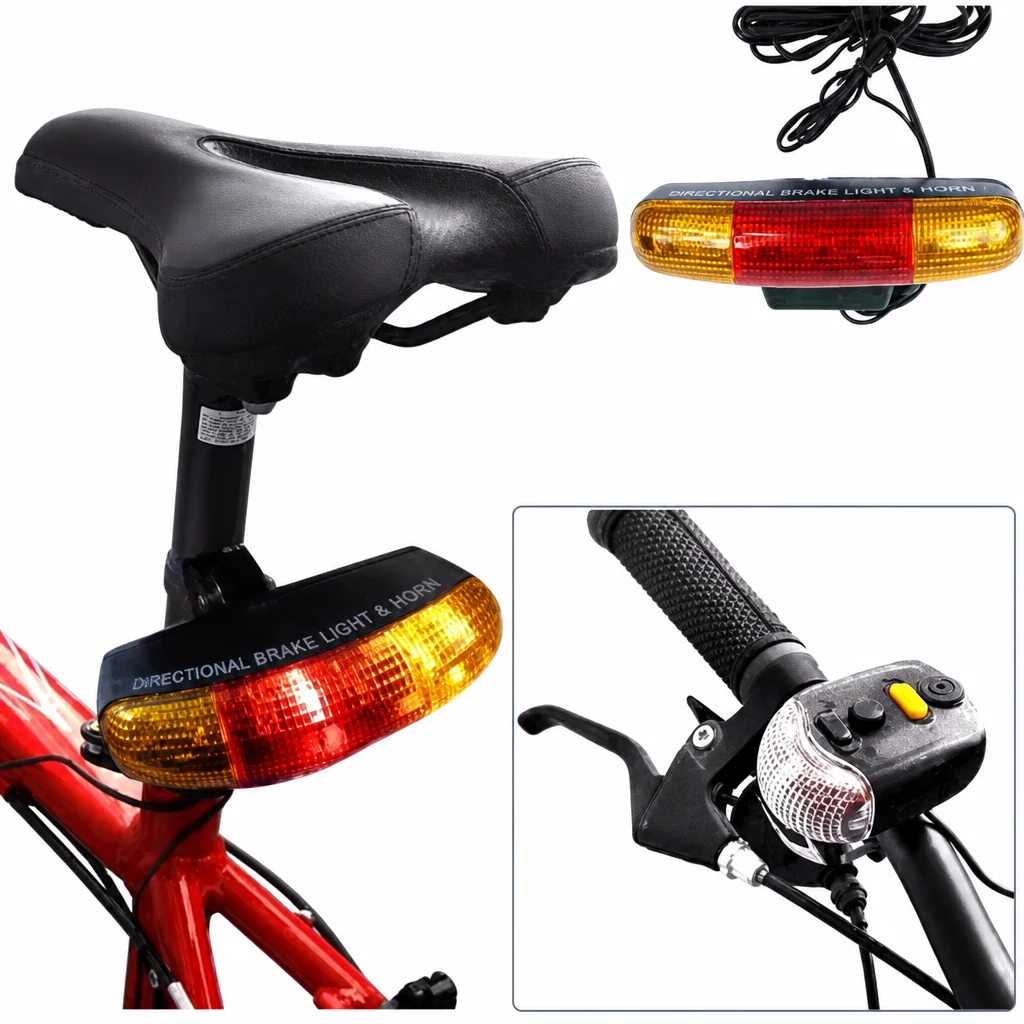 Luce di Segnalazione per Bicicletta con Freno e Clacson Elettrico, Lampada Posteriore di Avvertimento per Ciclismo Notturno, Indicatore di Direzione Anti-Collisione con Campanello - immagine 2