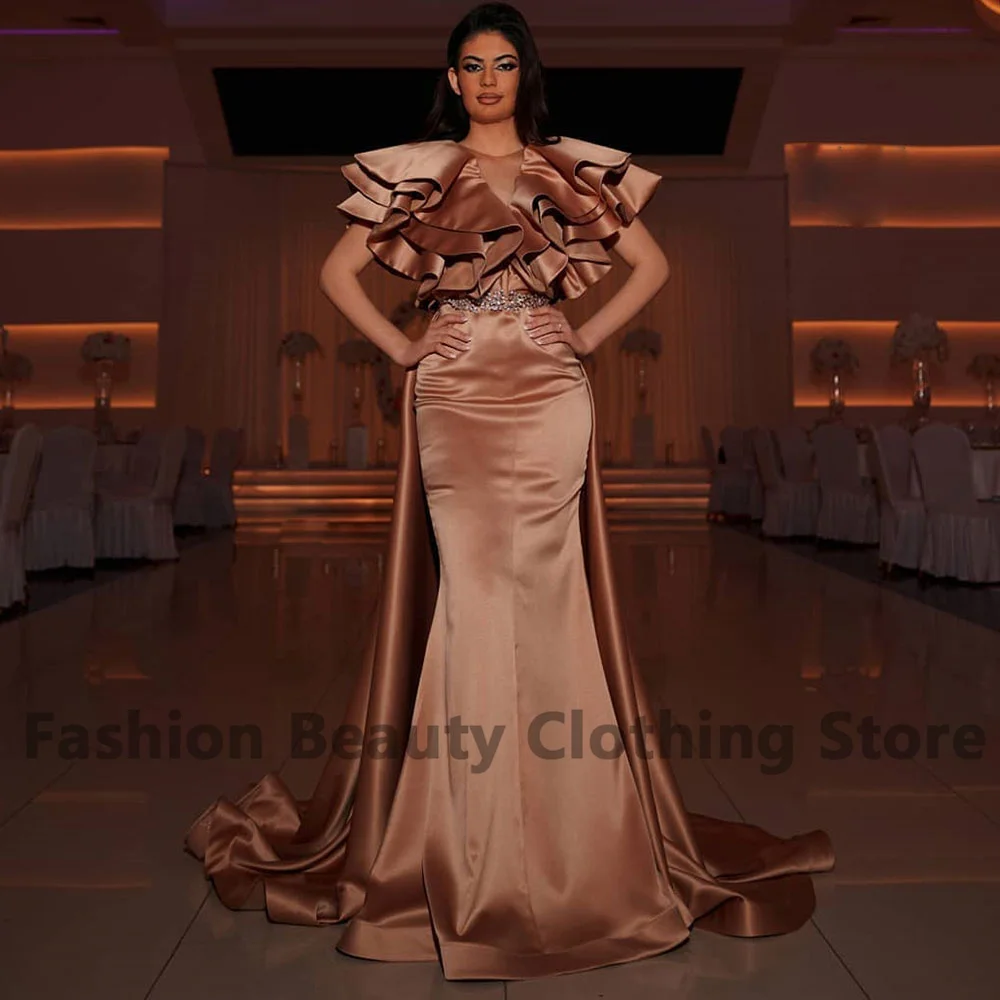 

Exquisite Satin Prom Dress With Ruffle Tiered Draped Crew-Neck Beading Belt Beading Sashes Dubai Women's Court Train فستان سعودي