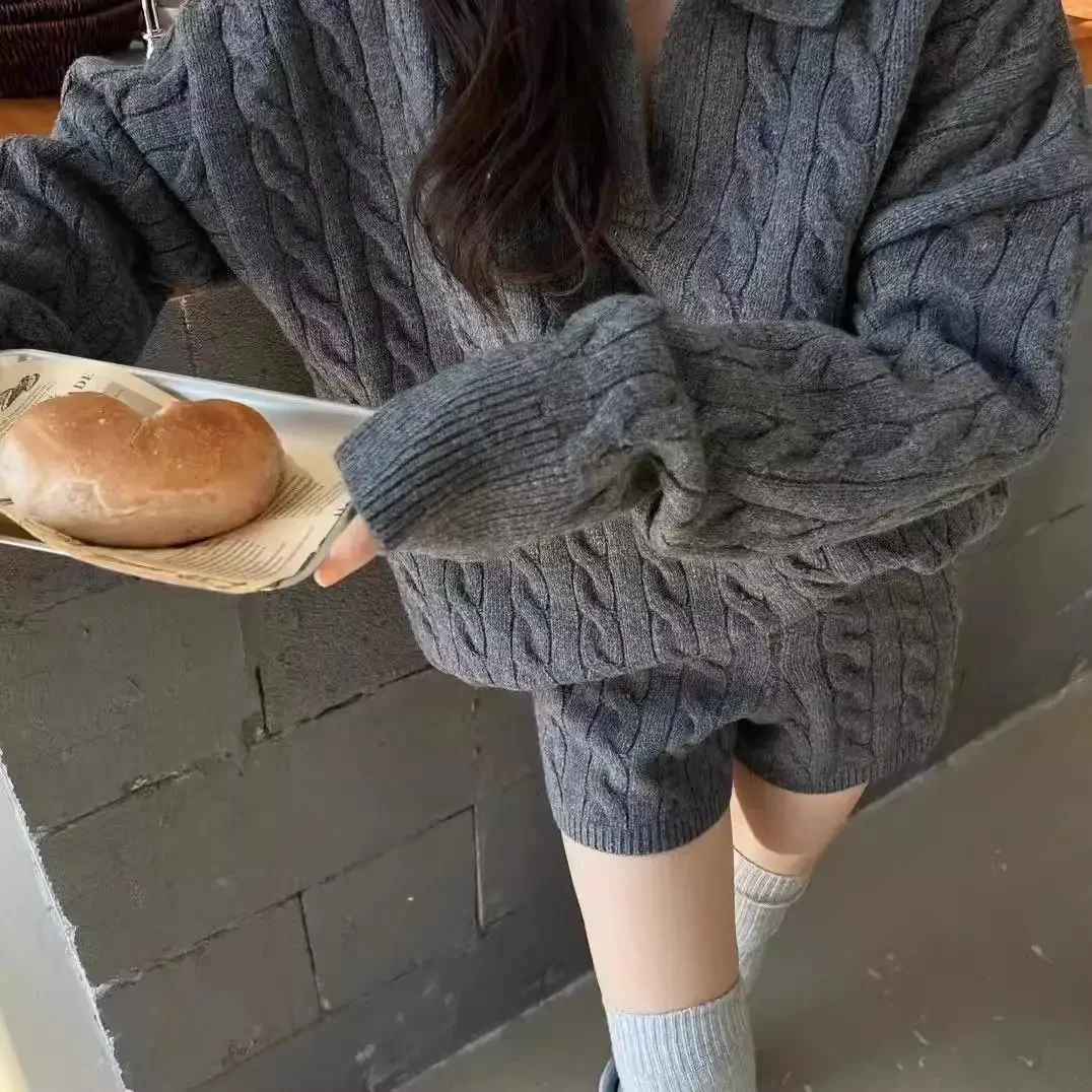 Gagaok Korean Style Sweater Short Sets Women Casual Turn-down Collar Solid Knitted Pullover Top+high Waist Shorts 2 Piece Set 5