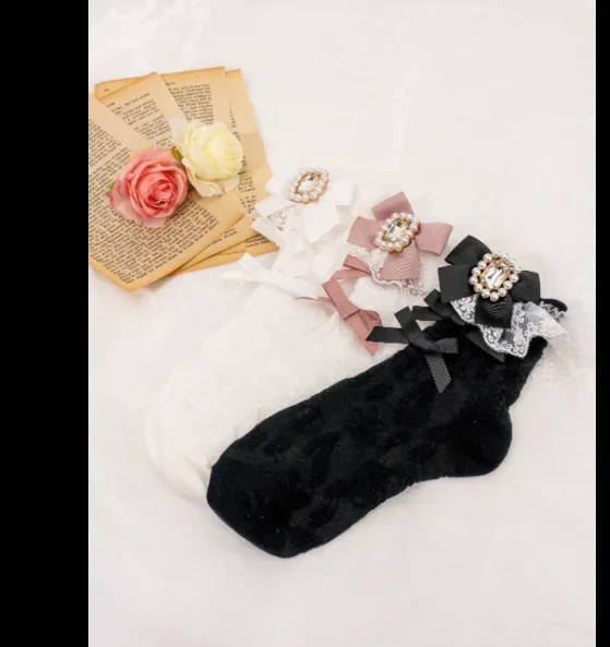 Japanese Style Maiden Lace Heart-Shaped Bow Leg-Shaping Girl Socks Mass-Produced Lolita Mid-Calf Socks Sweet and Cute Stocking
