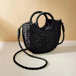 Handmade Half - Round Rattan Straw Crossbody Bag - Summer Women's Small Beach Handbag (Black)