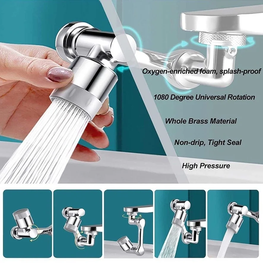 1080° Rotatable Extension Faucet Sprayer Head Water Tap Nozzle Universal Bathroom Tap Extend Adapter Aerator 2 Spray Modes 4