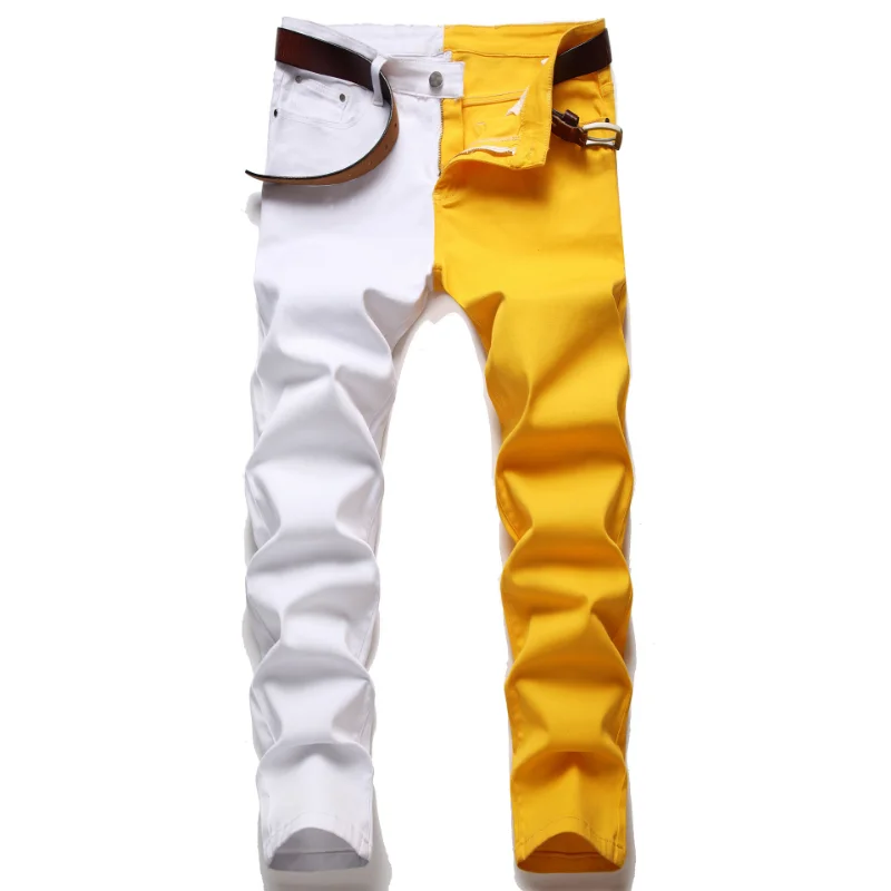New Men 2022 American Style Fashion Stitching Two-color Yellow and Red Trend Stretch Jeans Male Trousers Denim Pants 3