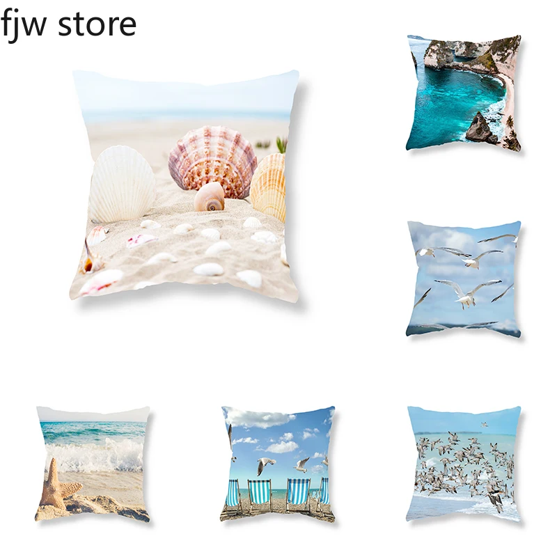 

Beach Shell Starfish Seagull Print Throw Pillow Cover For Sofa Bedroom Room Bedside Office Seat Cushion Home Decor