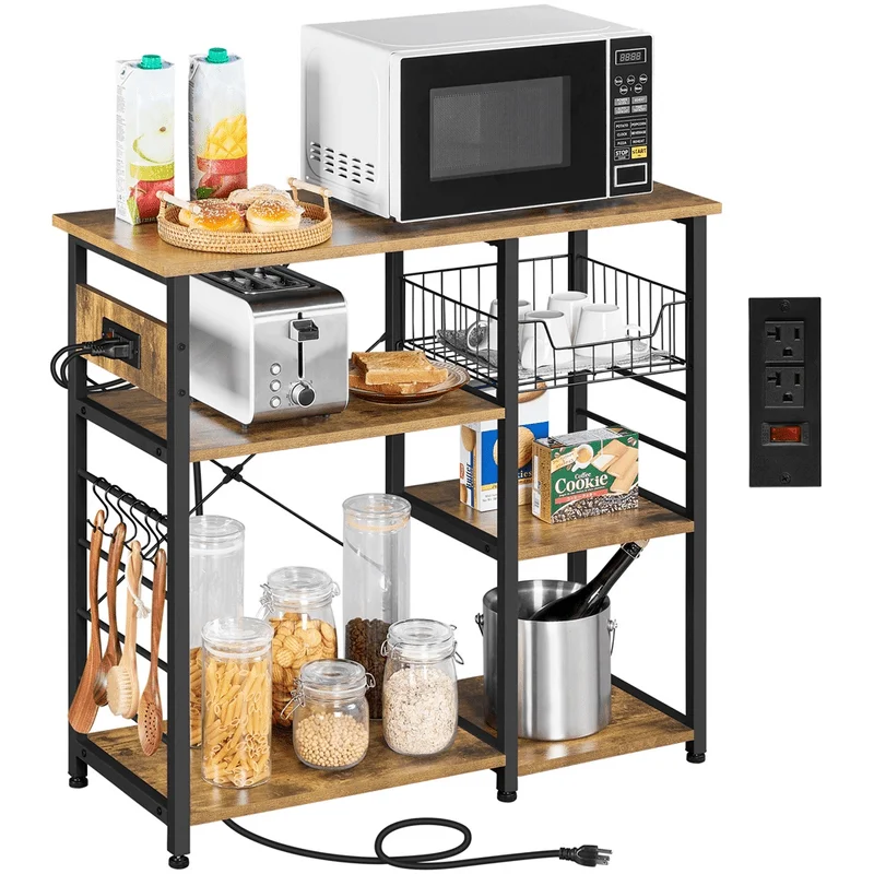 

Vintage Baker's Rack Storage with Power Outlet for Kitchen, Rustic Brown