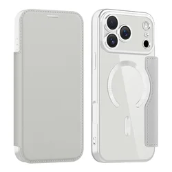 Magnetic PU Leather Flip Case with Transparent Card Wallet Cover - iPhone 15 (Gray)