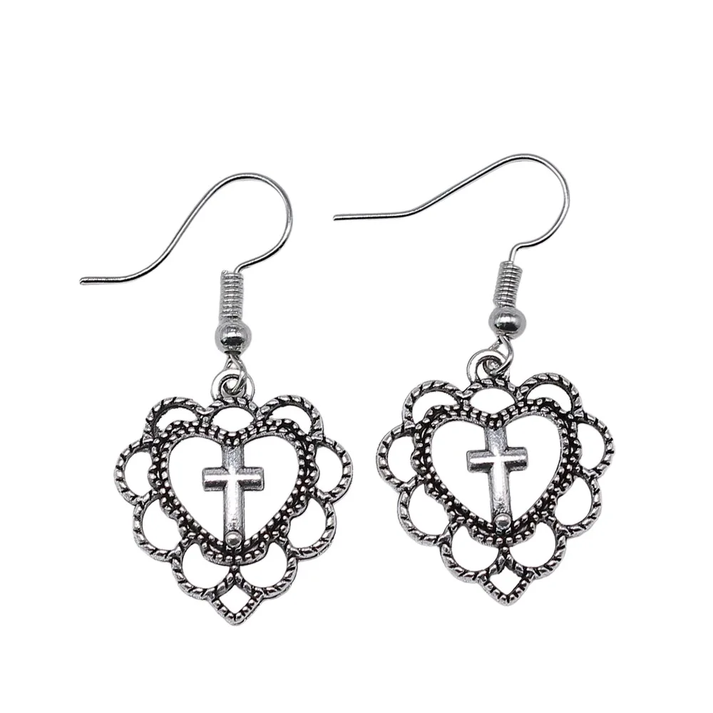 Fashion Simple Design Antique Silver Color Heart Cross Pendant Earrings Women Vintage Drop Earrings dangle earrings drop earrings pendant earrings cross earrings