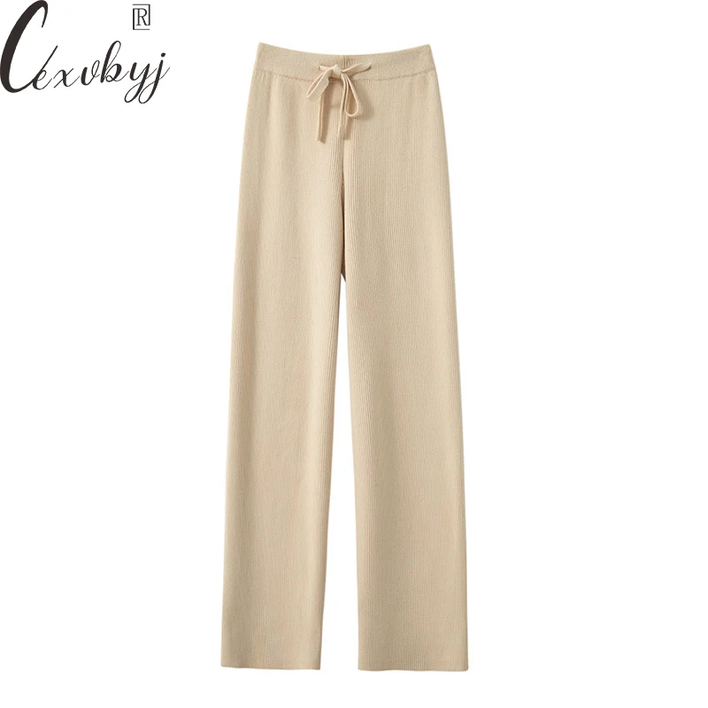 Knitted Wide Leg Pants Women Autumn Winter Warm Elastic Lace Up Straight Trousers Vintage High Waist Stretch Pantalones S-Xl
