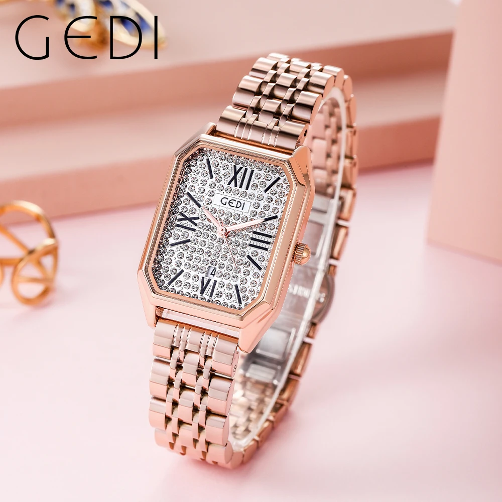 

Rose Gold Women Quartz Wristwatches Luxury Rhinestones Calendar Roman Dial Stainless Steel Strap Waterproof Ladies Watches Gifts