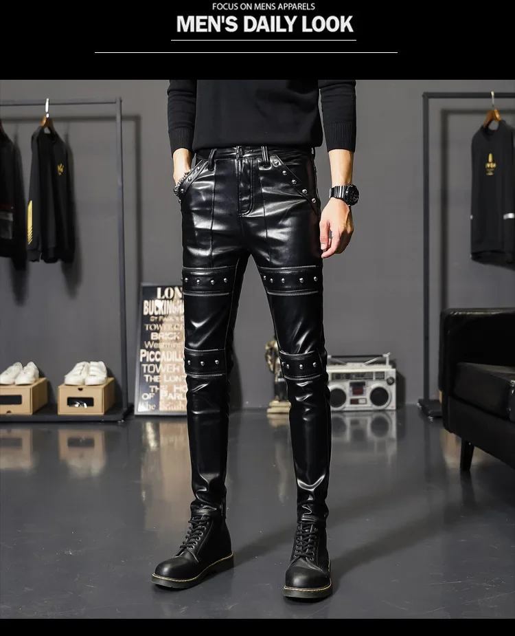 Men rivet decoration leisure leather pants tight fashion PU leather pants teenagers,men trousers,leather pants