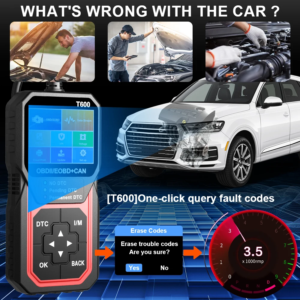 Code Reader Automotive DTC Lookup OBD2 Scanner T600 Professional Car Diagnostic Tool Oxygen Sensor Test Support Cloud Print