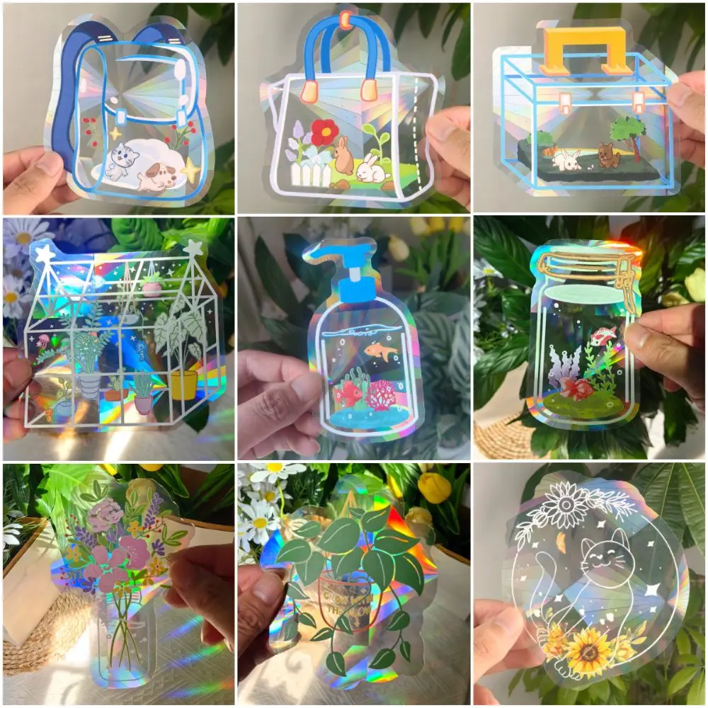 Multicolor Sun Catcher Window Stickers PVC Self Adhesive Suncatcher Window Decals Cartoon Cat Leaf Rainbow Prisms