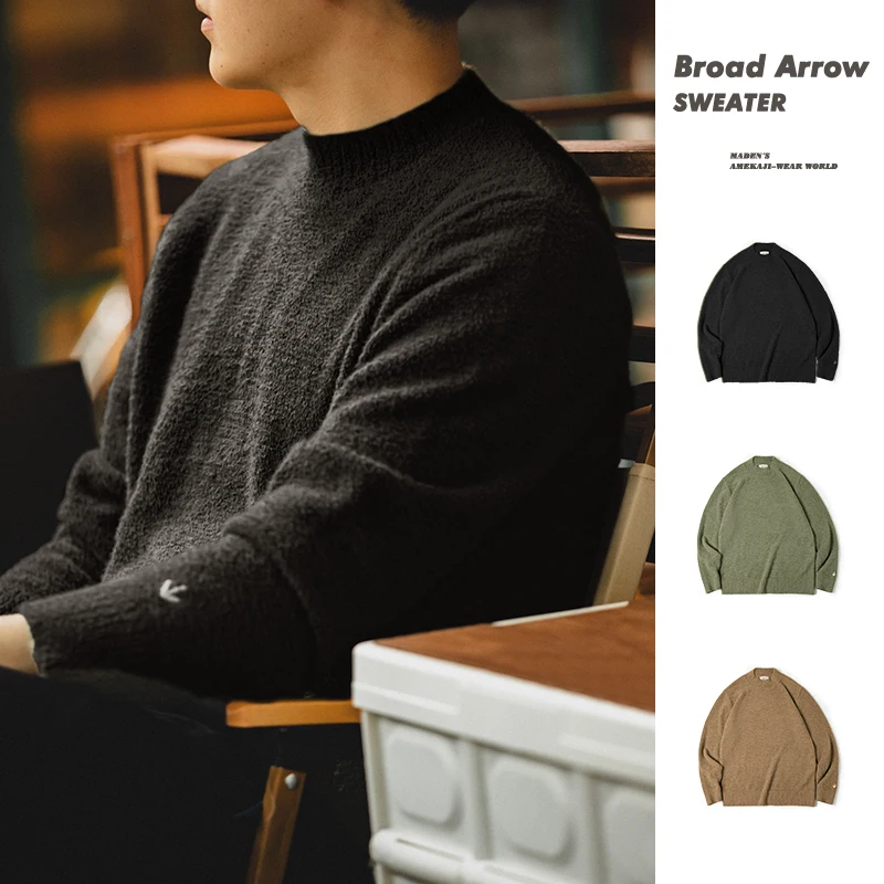 Maden Vintage Half Turtleneck Solid Color Sweater Men's Autumn and Winter  Thin Fluffy Knitted Sweaters Halloween Men Pullovers