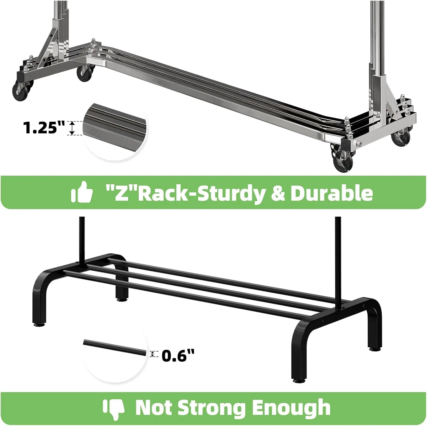 Industrial Grade Z-Base 70in extra long Clothes Garment Rack, Commercial Grade Rolling Clothing Rack, Heavy Duty 600lb Load 6