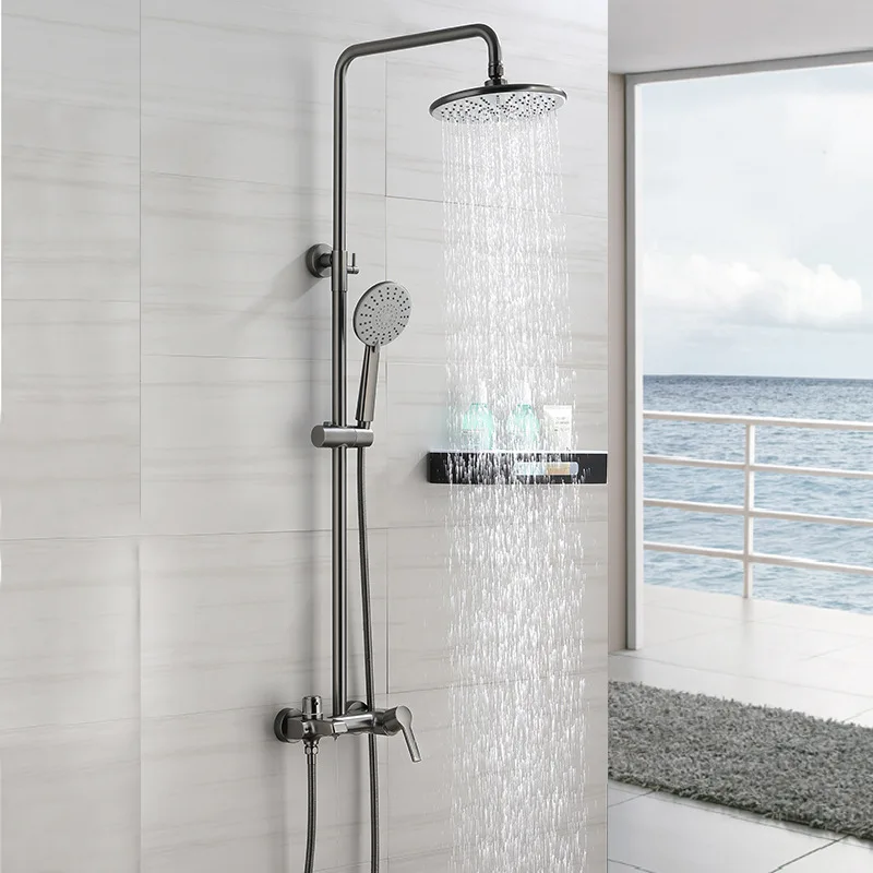 

Gun Grey Brushed Gold Shower Faucet All Copper Wall-Mount Rain Head Hand Sprayer Two-Function Hot Cold Mixing