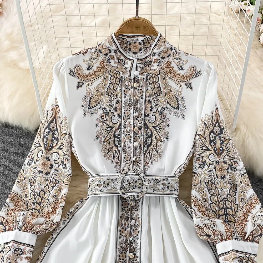 Women Vintage Long Dress Fashion Print A-line Ruffled Elegant Floral Party Dresses Ladies Long Sleeve Casual Long Robe Vestidos