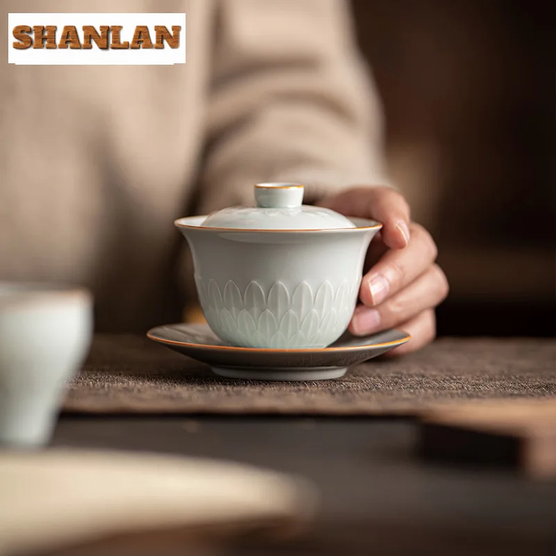 115ml Handmade Relief Lotus Petal Gaiwan Zen Anti Scald Three Talent Tea Tureen Tea Brewing Cover Bowl Ceremony Collection
